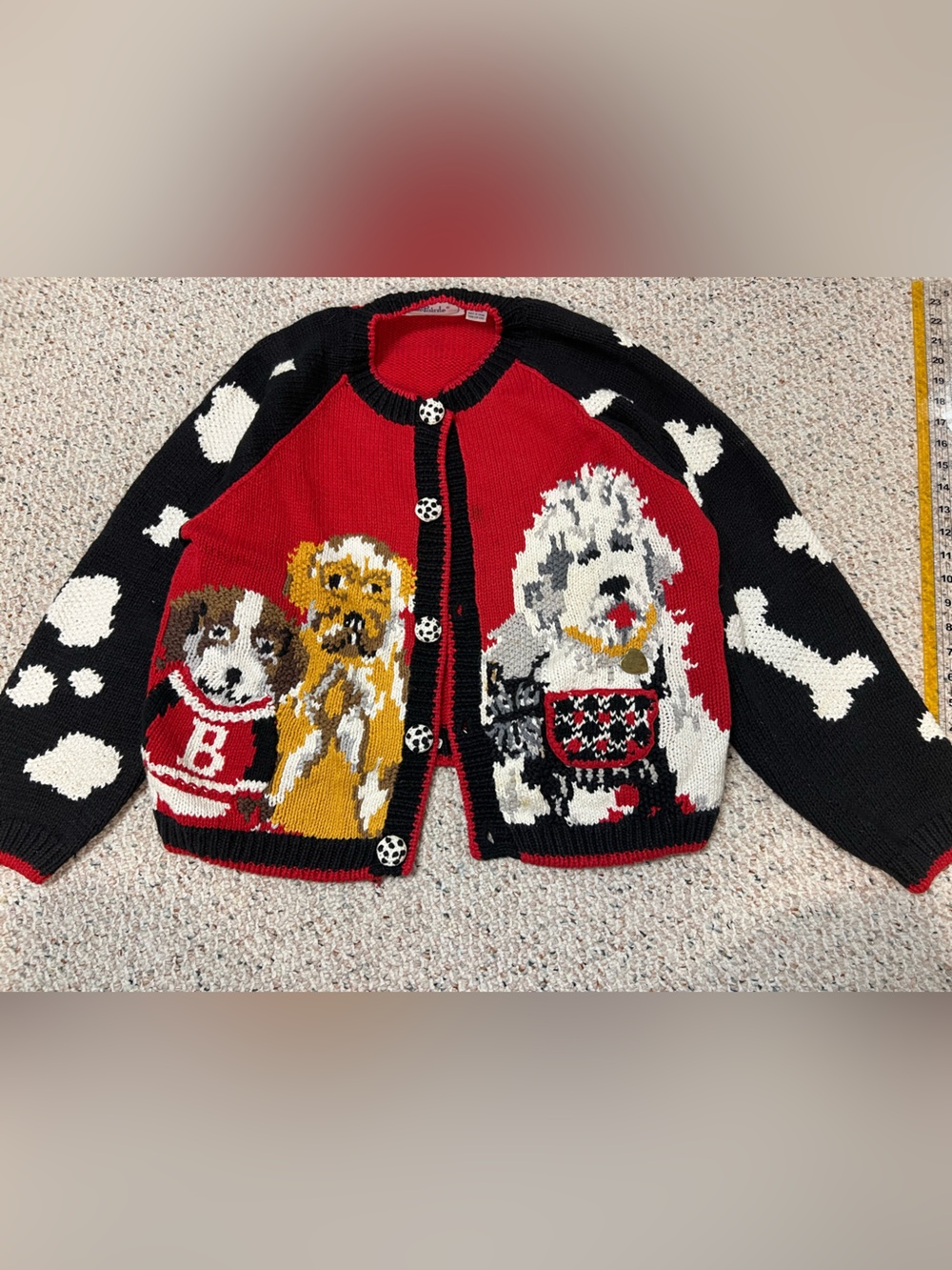 Women's Red & Black Dog Motif Knit Cardigan Sweater